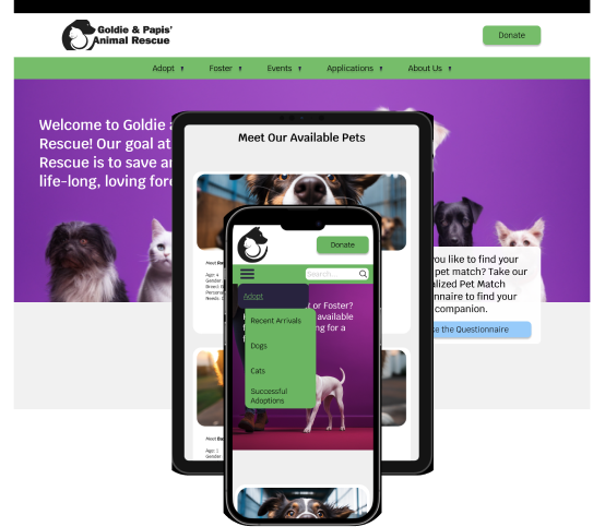 screenshots of Goldie and Papis' redesigned webpage as viewed on a desktop, tablet, or mobile device